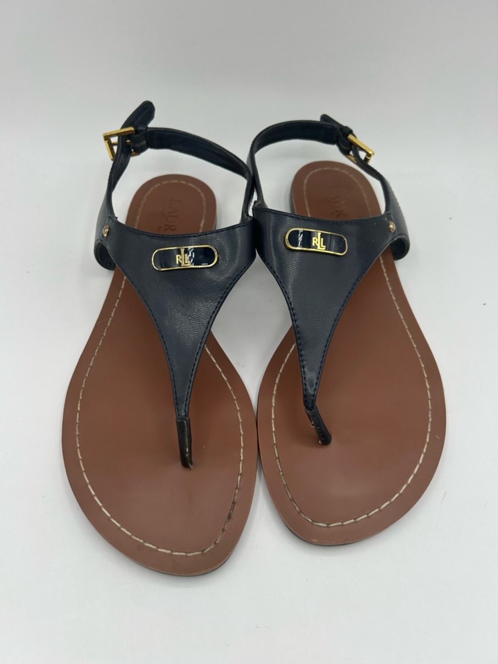 Ralph Lauren Womens Size 8 B Navy Blue Leather Ellington Metal Logo Sandals